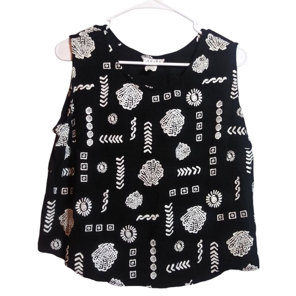 Caribe Black and White Novelty Shell Beach Patterned Sleeveless Top Size XL